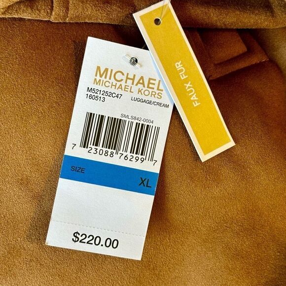 Michael Kors Faux Fur Shearling Suede Longline Hooded Jacket Full Zip Tan Gold - Picture 10 of 10